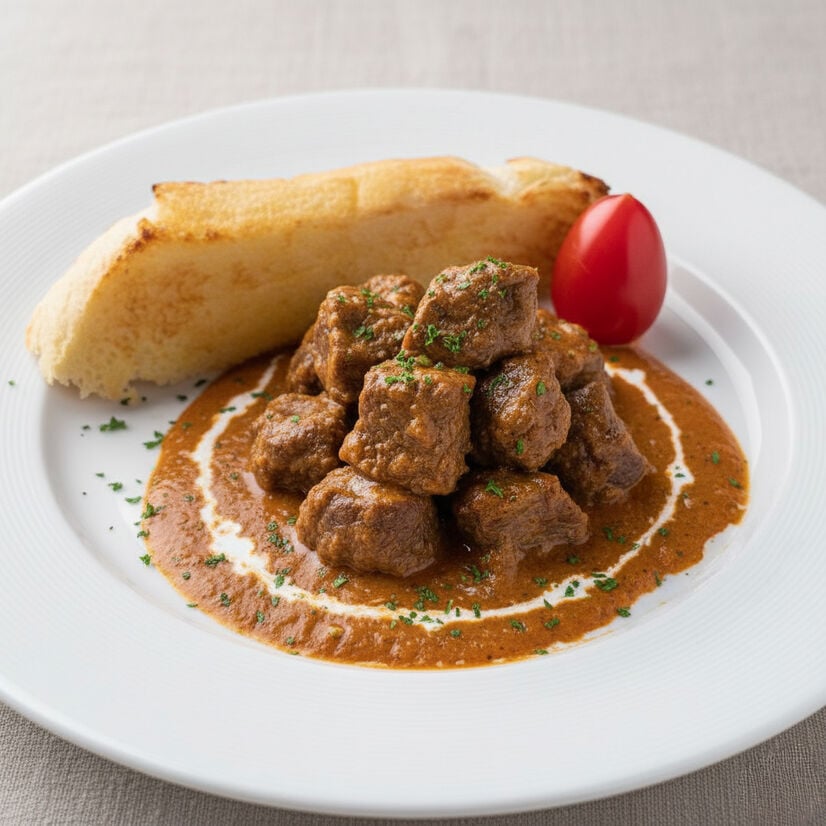 แกงมัสมั่นเนื้อแกะออสซี่เสิร์ฟพร้อมขนมปังกระเทียม